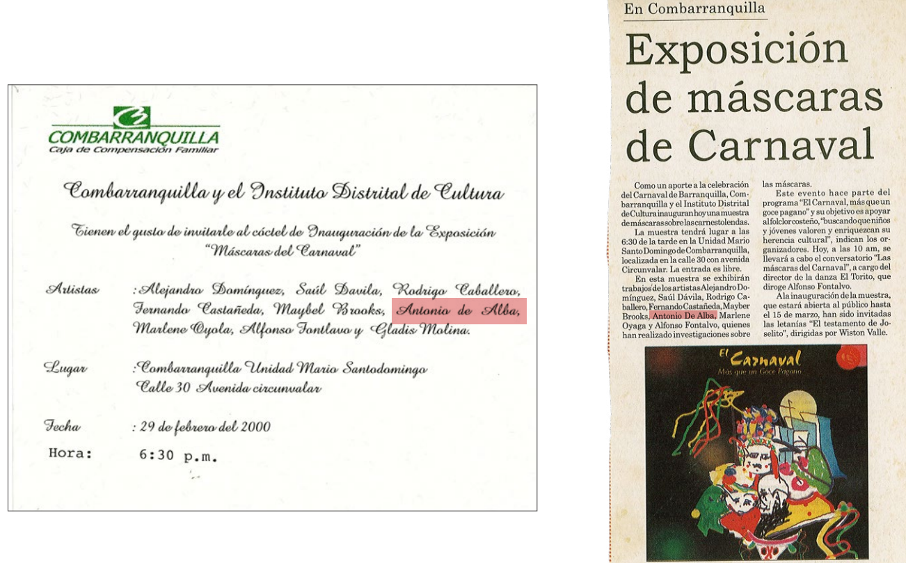 Exposición “Máscaras del Carnaval”, Combarranquilla Unidad Mario Santodomingo, Barranquilla, Febrero/2000.