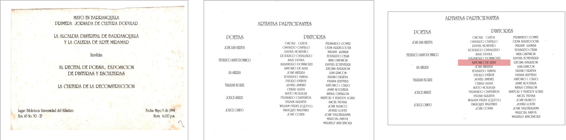 Recital de poesía, exposición de pinturas y esculturas, Primera Jornada de Cultura Popular Alcaldía de Barranquilla, Galería de Arte Miramar, Mayo/1994.